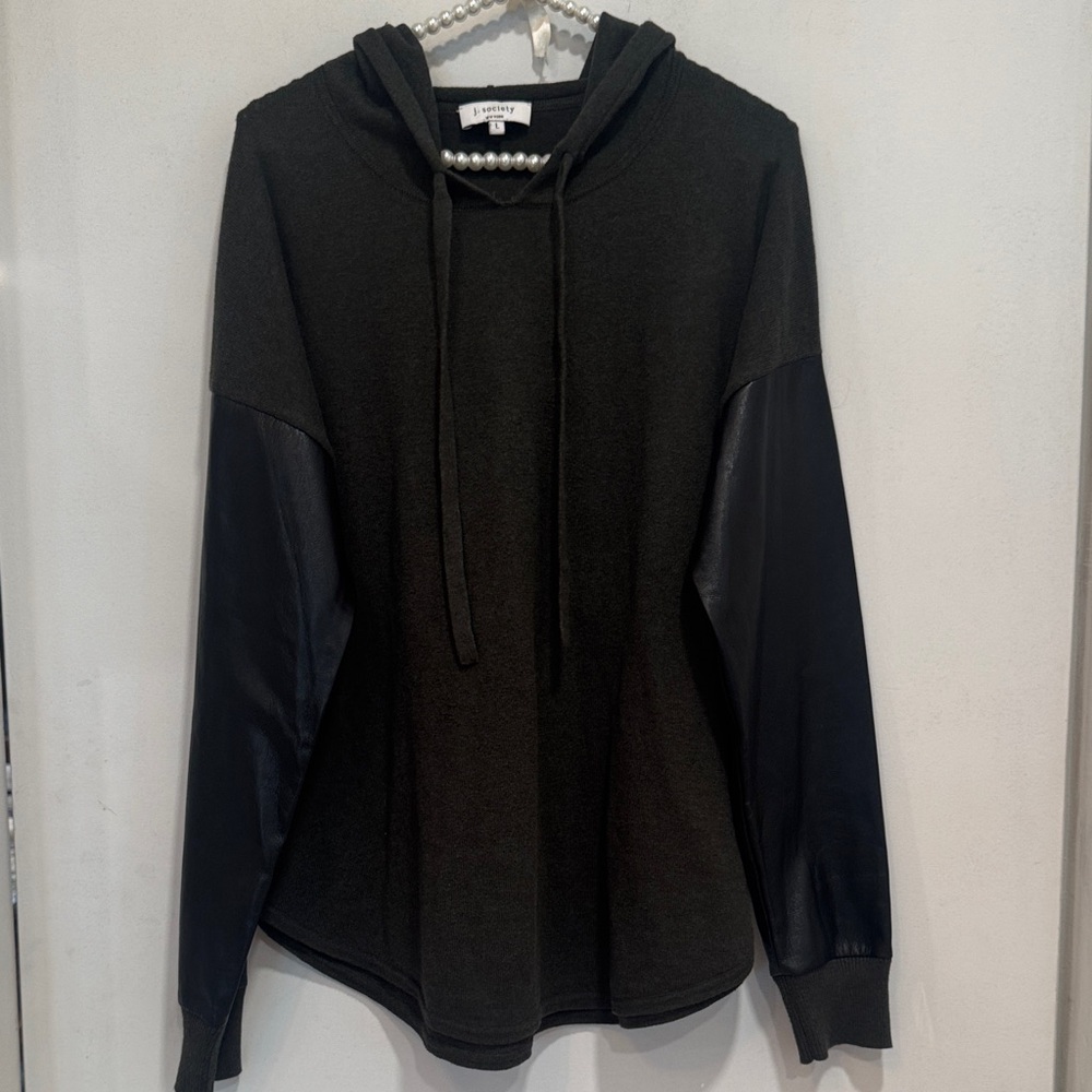 J.Society Large Green Hooded Sweater with Faux Black Leather Sleeves